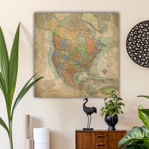 Push Pin Travel Map of North America, Customized Gallery Wrapped Pin Board, Vintage Travel Tracker, North American Map Personalized Keepsake