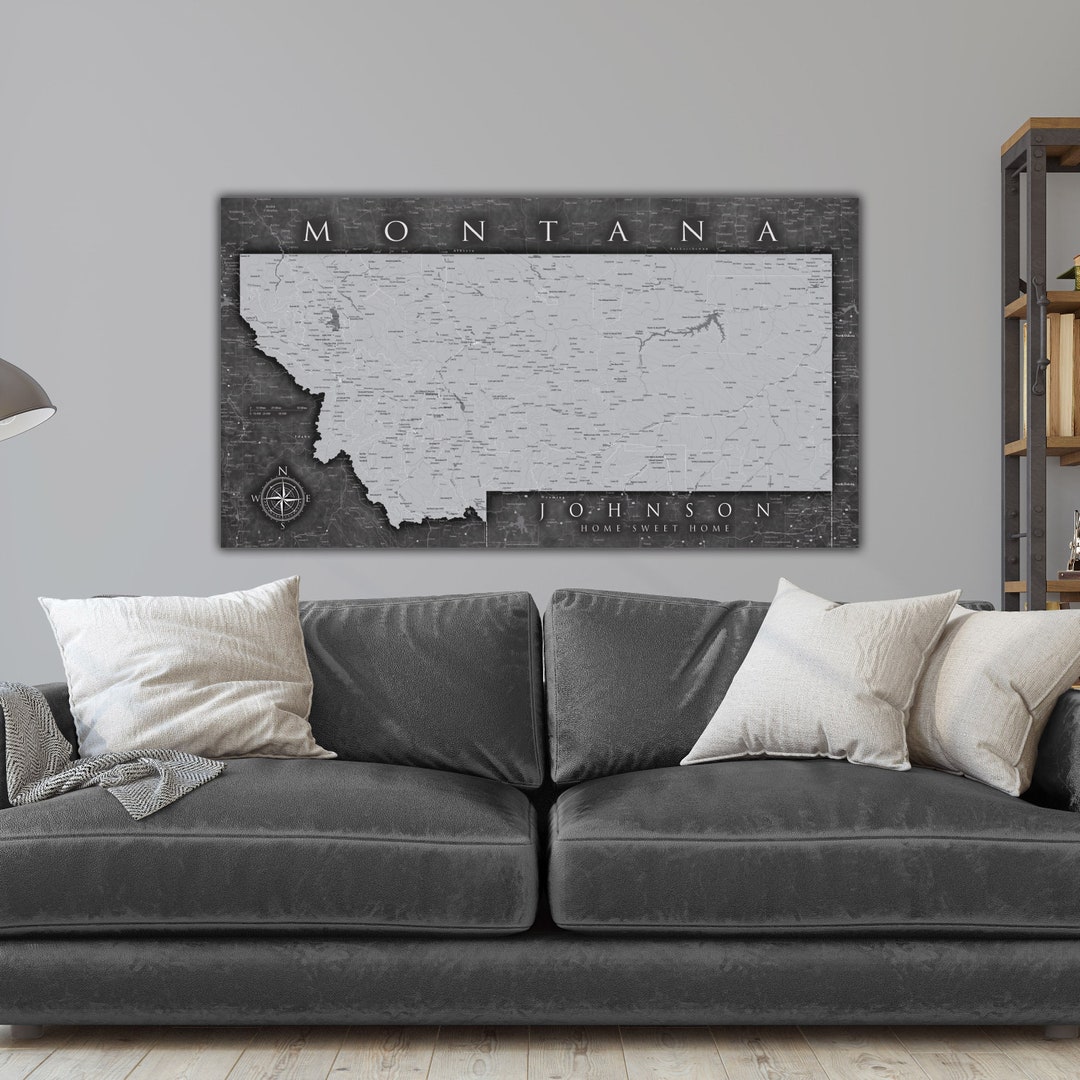 Grey Montana Push Pin Map Canvas Montana Office Wall Art - Etsy.de
