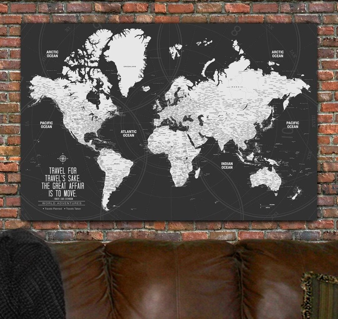 Modern Push Pin World Travel Map, World Map Canvas Art, Push Pin Custom ...