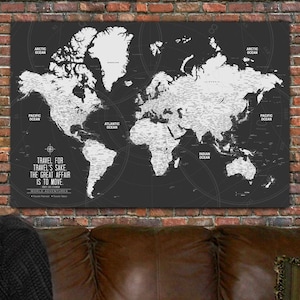 Modern Push Pin World Travel Map, World Map Canvas Art, Push Pin Custom Map, Push Pin World Map, Large Wall Art,  Travel Gifts, personalized