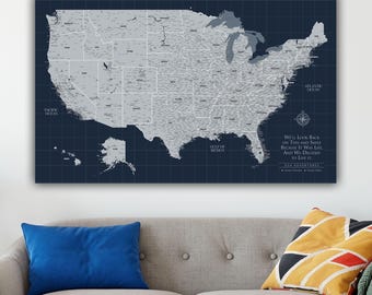 Navy USA Push Pin Map Personalized Canvas, Custom Travel Map, Detailed United States Map with Push Pins, Large Wall Art, Great Travel Gift