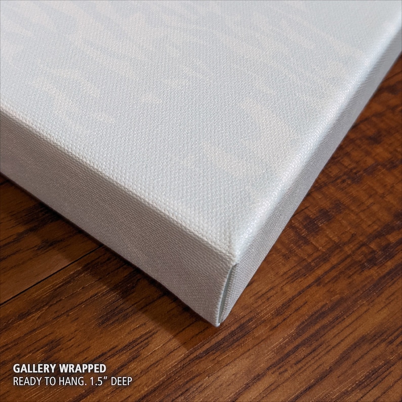 May include: Close-up of the edge of a white canvas print, showing the gallery wrapped sides. The canvas is 1.5 inches deep and ready to hang.