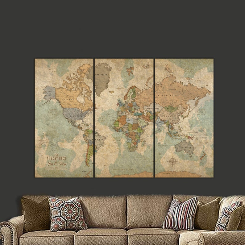 Push Pin Travel Map of World, personalized gift for travelers, Modern Vintage Look Push Pin Map, World Map Push Pin Extra Large Wall Art image 1