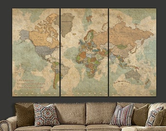 Push Pin Travel Map of World, personalized gift for travelers, Modern Vintage Look Push Pin Map, World Map Push Pin Extra Large Wall Art