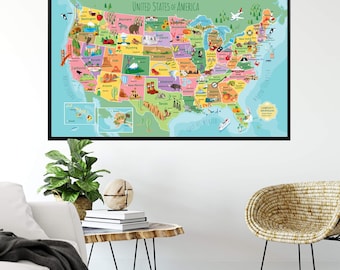 May include: A framed wall map titled United States of America featuring a colorful illustrated design. Each state is depicted with unique icons representing local landmarks, wildlife, and cultural symbols, with inset maps of Alaska and Hawaii.