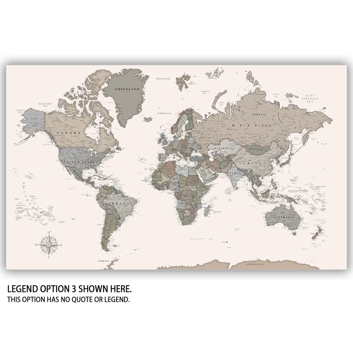 Muted Earth Tones World Push Pin Map on Premium Canvas With ...
