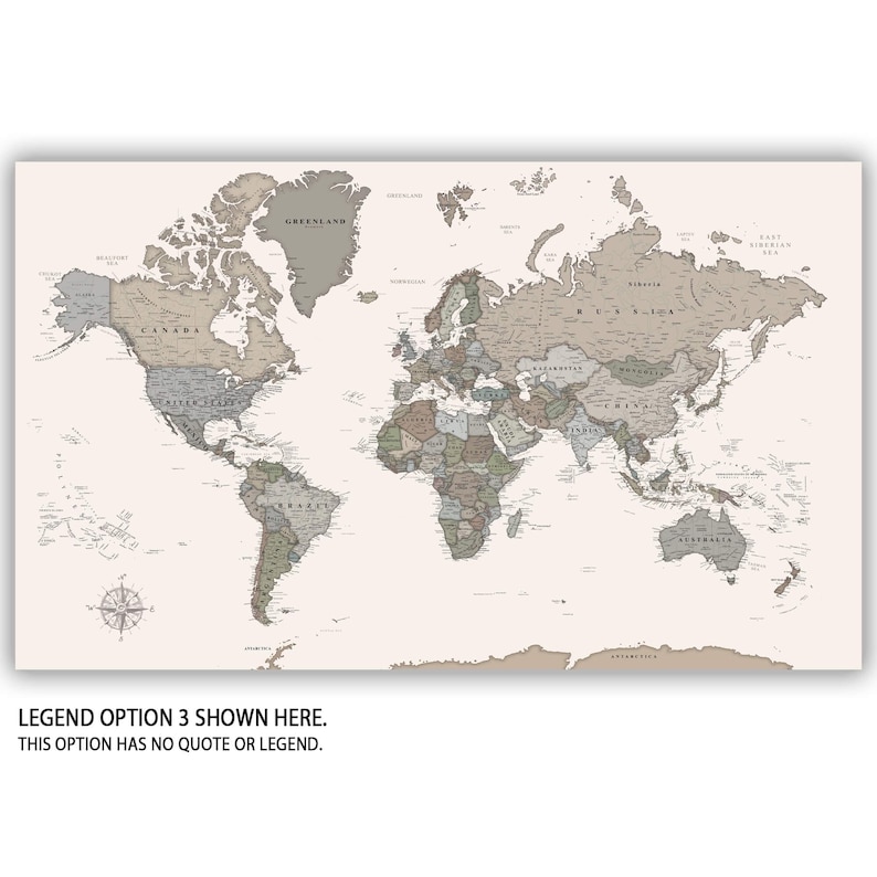 Muted Map Background Muted Earth Tones World Push Pin Map on Premium Canvas With ...