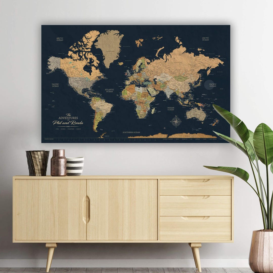 Classic Earth Tones with Navy World Push Pin Map on Premium Canvas with Personalized Legend, Customized Pinboard Map for Pinning Travel - GALLERY WRAPPED 60" x 40", OPTION 3