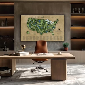 a large map of the United States with golf courses, displayed on a wall above a wooden desk with a chair and a trophy.