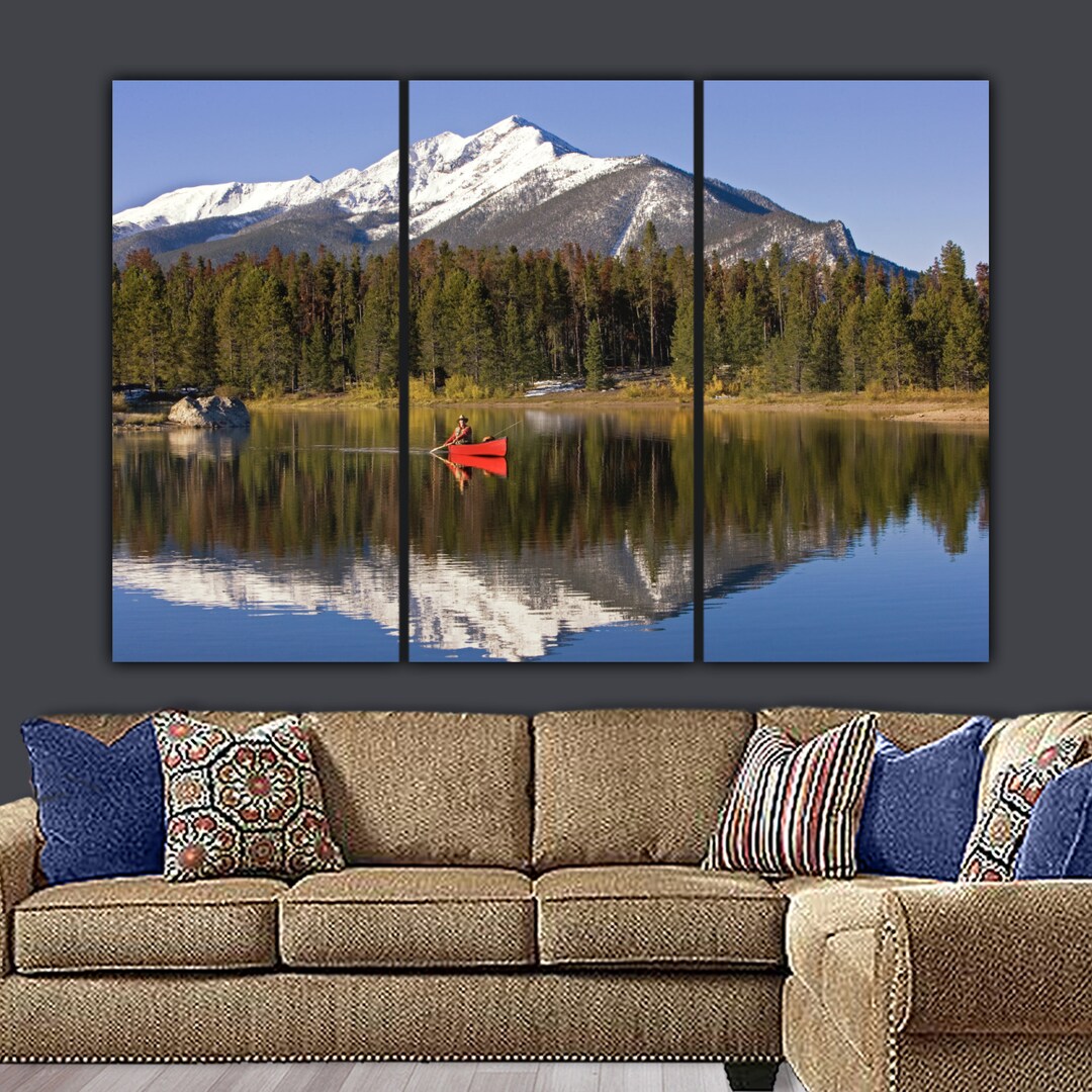 Tranquil Colorado Lake Canvas Large Wall Art, Canoe & Blue Skies Rocky ...