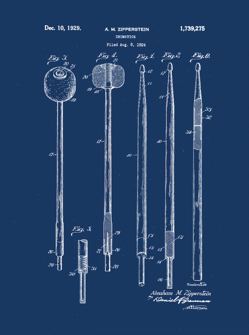 May include: A black and white line drawing of a patent for a drumstick. The patent is dated December 10, 1929, and is titled "Drumstick" by A.M. Zipperstein. The drawing shows different views of the drumstick, including the tip, the shaft, and the handle.