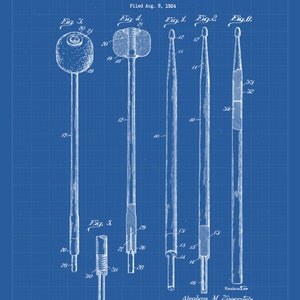 May include: A blueprint drawing of a drumstick patent, showing different views of the drumstick design. The patent is titled "Drumstick" and was filed on August 8, 1924, by Abraham M. Zipperstein. The patent number is 1,739,275.