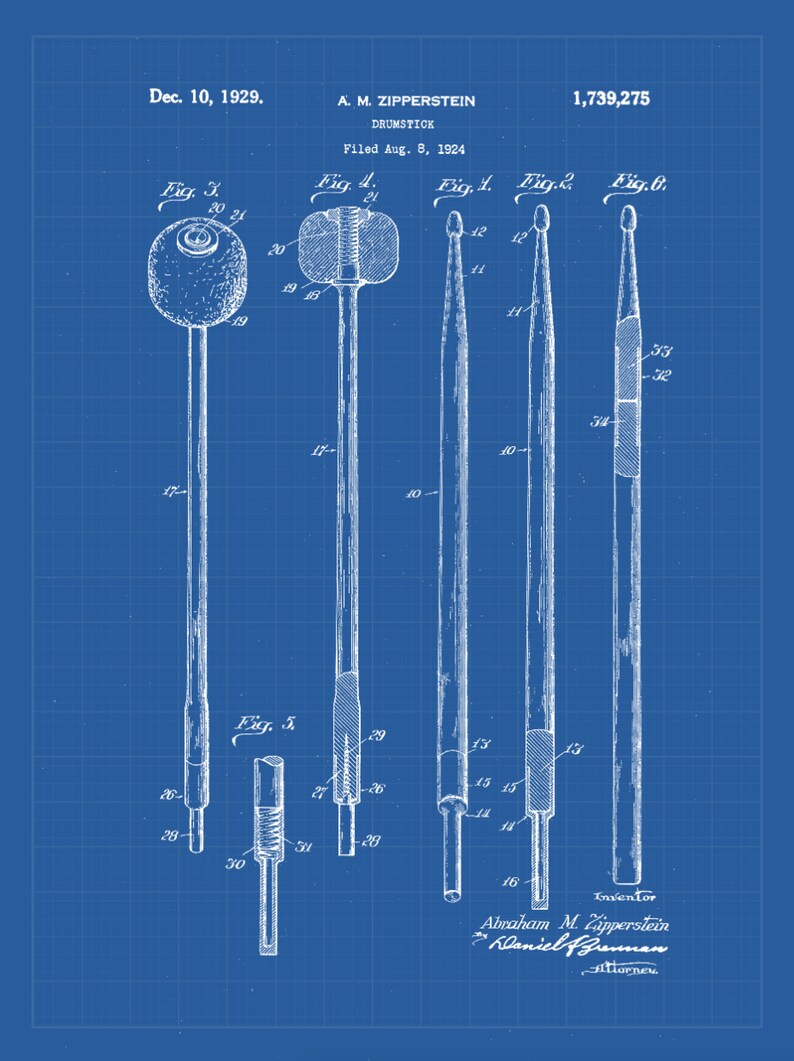May include: A blueprint drawing of a drumstick patent, showing different views of the drumstick design. The patent is titled "Drumstick" and was filed on August 8, 1924, by Abraham M. Zipperstein. The patent number is 1,739,275.
