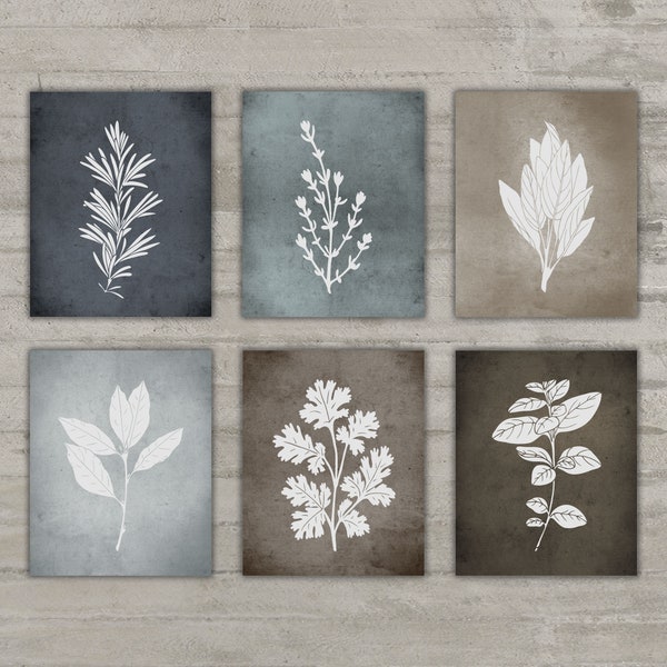 Herb Silhouettes on Rustic Farmhouse Backgrounds, Large Botanical Wall Decor, Canvas Collage Set, Bay Cilantro Oregano Rosemary Sage Thyme