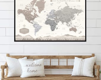 Farmhouse Push Pin World Map Personalized Canvas, Travel Gift, Rustic Push Pin Travel Map, Fixer Upper, Modern Wall Art, Gifts for her