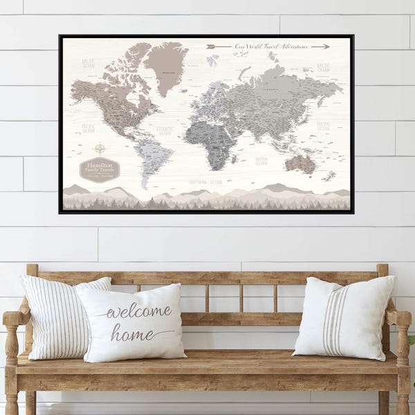Farmhouse Push Pin World Map Personalized Canvas, Travel Gift, Rustic Push Pin Travel Map, Fixer Upper, Modern Wall Art, Gifts for her
