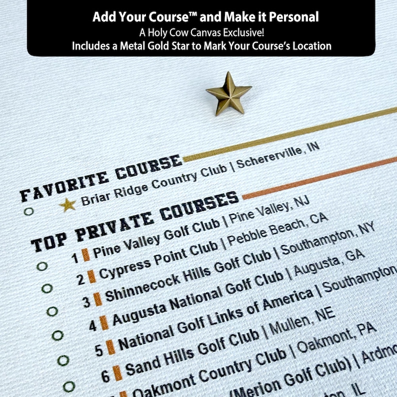 Op de afbeelding: Canvas print met een lijst met golfbanen, met "Favorite Course" en "Top Private Courses". Een gouden metalen ster is inbegrepen. De tekst bovenaan luidt "Add Your Course and Make it Personal."