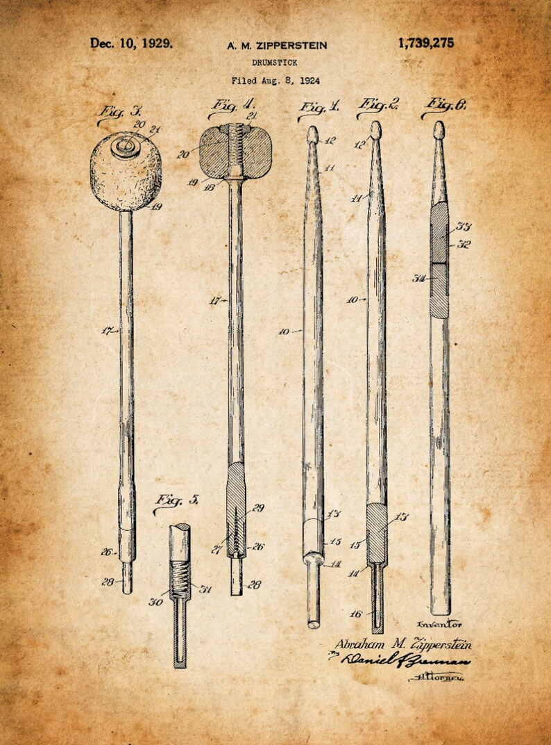 May include: A black and white line drawing of a patent for a drumstick. The patent is dated December 10, 1929, and the inventor is Abraham M. Zipperstein. The drawing shows different views of the drumstick, including a close-up of the tip.