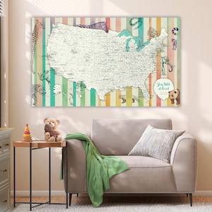 May include: A colorful map of the United States with a striped background. The map is decorated with illustrations of various animals, including a zebra, giraffe, and bear. The text "Stay Wild at Heart" is also included.