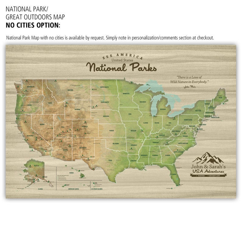 USA National Parks Push Pin Map, USA Travel Map, Custom National Parks Map, Wedding or Travel Gift Decor, Rustic Large Wall Art, Nature art image 7