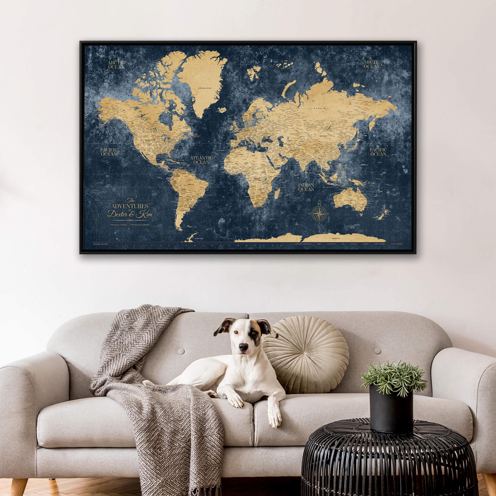 Mappa Del Mondo In Tela Per Puntine 61x81 Cm - Navy - Pin Adventure Map Per Tracciare I Tuoi Viaggi - 3