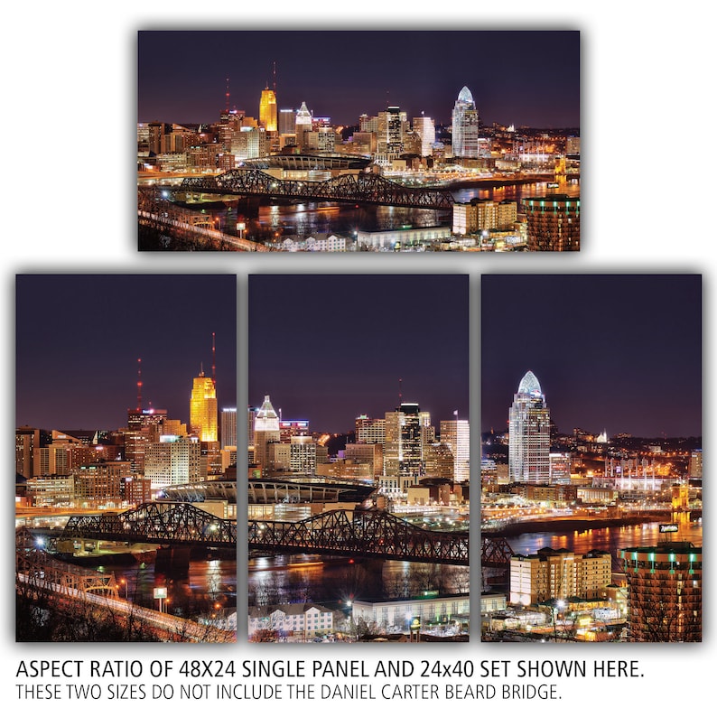 May include: A nighttime cityscape of Cincinnati, Ohio, with the Ohio River in the foreground. The city skyline is illuminated with lights, and the river is reflecting the lights. The image is divided into three panels, showing the city from a wide angle.