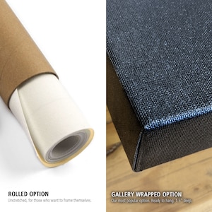 May include: Two options for displaying a canvas print: rolled, unstretched, for framing, and gallery wrapped, stretched on a 1.5 inch deep frame, ready to hang.