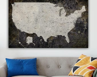 USA Push Pin Map Industrial Detailed, Customized Travel Map, United States Map, Large Wall Art, Grunge Map Traveler Gift, World Map Art