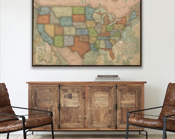 USA Push Pin Travel Map, Vintage look Customized Push Pin Map, Large Wall art, Wedding, Travel, New Home Gift United States Personalized Map
