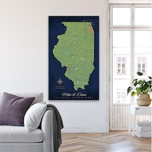 May include: A personalized map of Illinois with a dark blue background and a green outline of the state. The map is titled "Mike & Elaine Illinois Adventures".
