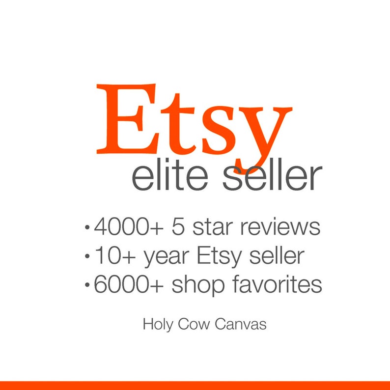 May include: Etsy elite seller badge with orange text and gray background. The badge states "Etsy elite seller" and includes the following information: "4000+ 5 star reviews", "10+ year Etsy seller", and "6000+ shop favorites". The text "Holy Cow Canvas" is at the bottom of the badge.