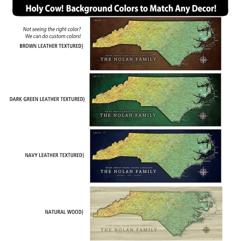 Puede incluir: Cuatro opciones de color de fondo diferentes para una impresi&oacute;n de mapa del estado de Carolina del Norte. Las opciones son cuero marr&oacute;n texturizado, cuero verde oscuro texturizado, cuero azul marino texturizado y madera natural. Cada opci&oacute;n presenta el texto "Home Sweet Home North Carolina" y "The Nolan Family".