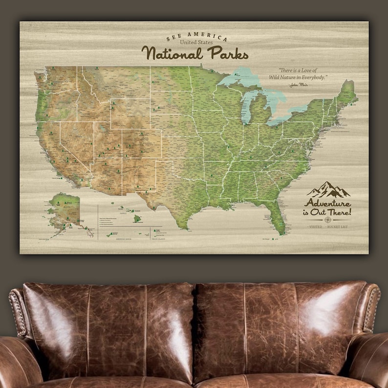 USA National Parks Push Pin Map, USA Travel Map, Custom National Parks Map, Wedding or Travel Gift Decor, Rustic Large Wall Art, Nature art image 1