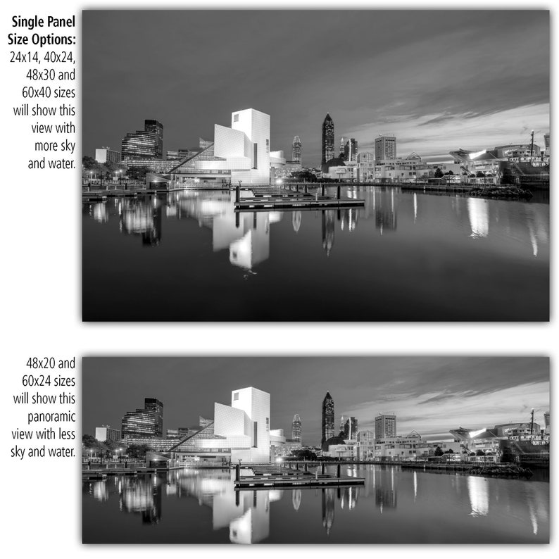 Puede incluir: Fotograf&iacute;a en blanco y negro de un horizonte urbano de noche, reflej&aacute;ndose en el agua. El horizonte incluye un edificio alto con una punta puntiaguda y un edificio grande con un techo plano. La imagen muestra diferentes tama&ntilde;os de impresiones disponibles, con los tama&ntilde;os m&aacute;s grandes mostrando m&aacute;s cielo y agua.