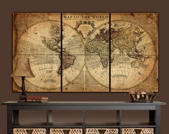 Globe Tan Map World Map Canvas, Vintage map art, Brown & Gold Map of World, Canvas Map, Royal Societys World Map, 1700s Large Map Decor