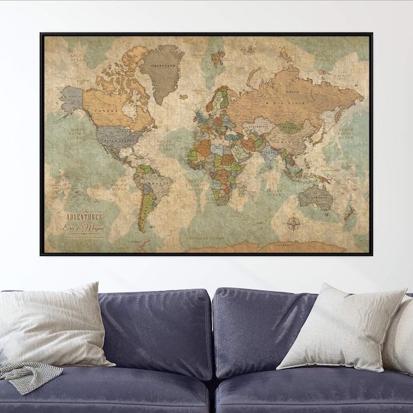 Push Pin Travel Map of World, Customized Map One Panel Pin Board, Vintage Push Pin Map, Large Wall art, World Map Push Pin travel gift