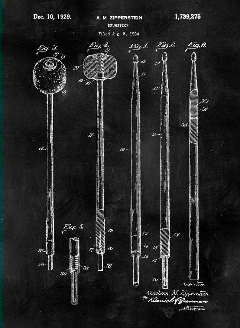 May include: Black and white line drawing of a patent for a drumstick. The patent is titled "Drumstick" and was filed on August 8, 1924. The patent number is 1,739,275. The drawing shows different views of the drumstick, including the tip, the shaft, and the handle.