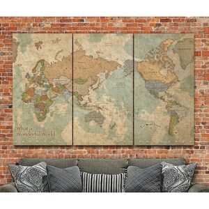 Pacific Centered Push Pin Travel Map of the World - 3 Panel, Personalized Large Canvas Wall Art, Vintage Earth Tones, AFRICA on LEFT