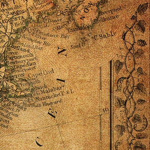 Puede incluir: Un mapa vintage de la costa este de Am&eacute;rica del Norte, con un borde decorativo de vides y hojas. El mapa muestra varios lugares, incluyendo Cape Cod, Nantucket y C Sable.