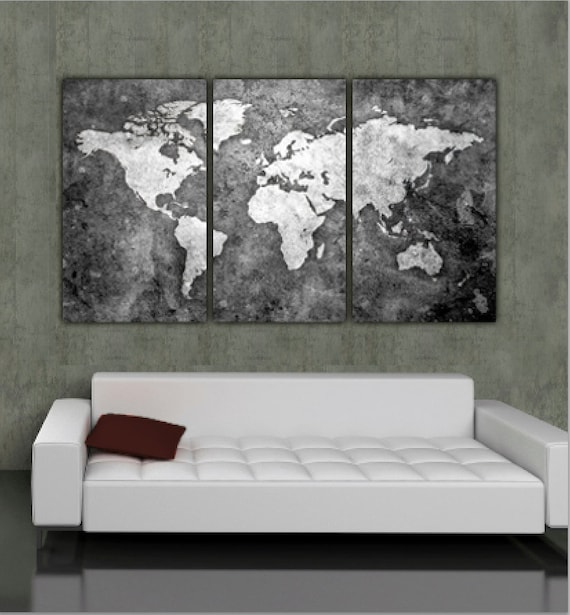 World Map Art on Canvas B&W 3 panel gallery wrap wall art ...