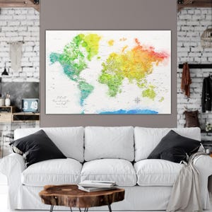 Rainbow Watercolor World Push Pin Map on Premium Canvas with Personalized Legend, Customized Pinboard Office Decor Map for Pinning Travel