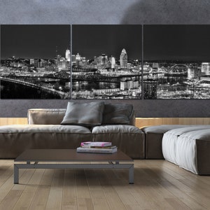 Cincinnati Skyline on Canvas, B&W Large Wall Art, Cincinnati Print, Cincinnati art, Cincinnati Photo, Cincinnati Panoramic, River