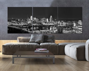 Cincinnati Skyline on Canvas, B&W Large Wall Art, Cincinnati Print, Cincinnati art, Cincinnati Photo, Cincinnati Panoramic, River