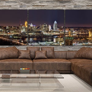 May include: A panoramic view of a city skyline at night. The city is lit up with lights, and there are several bridges in the foreground. The image is split into three panels.