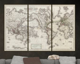 World Map Telegraph Lines, Canvas Decor Vintage Map Canvas Wall Art, Large Wall Art, World Map Wall  Art, JH Colton Map