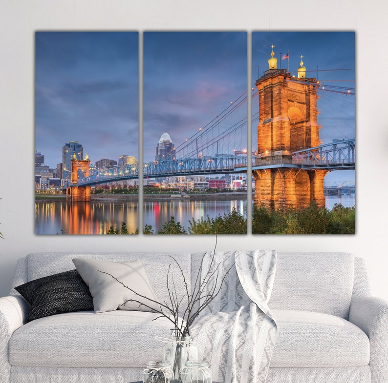 Cincinnati Skyline Bridge Canvas Set, Large Cincinnati Canvas, Cincinnati shops Art, Cincinnati Photo, Cincinnati Wall Art, Roebling Bridge