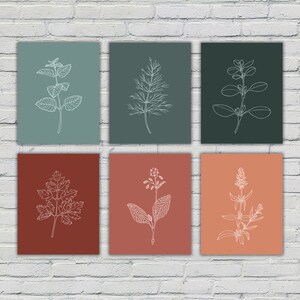 May include: Set of six minimalist botanical prints featuring line drawings of various herbs on different colored backgrounds. The prints are in shades of green, red, and orange.