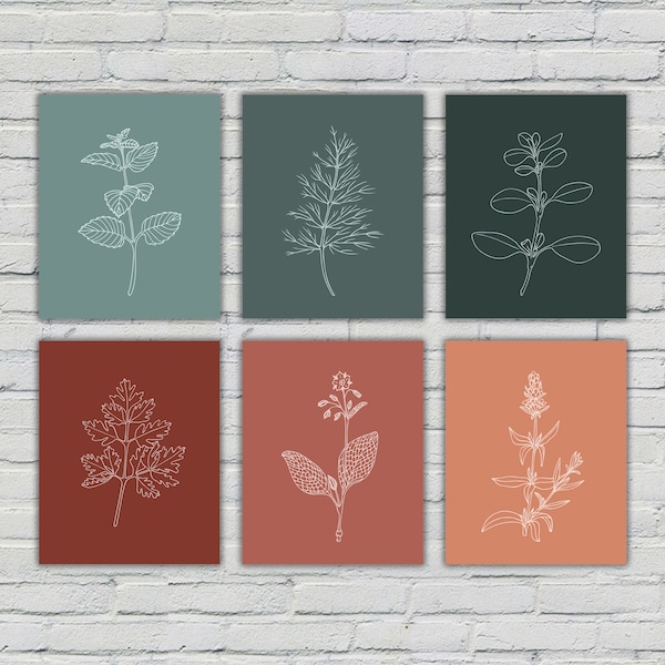 Herb Silhouettes in Earth Tones, Large Botanical Canvas Wall Art, Simple Framed Line Art Prints, Nature Illustration, Chervil Dill Marjoram