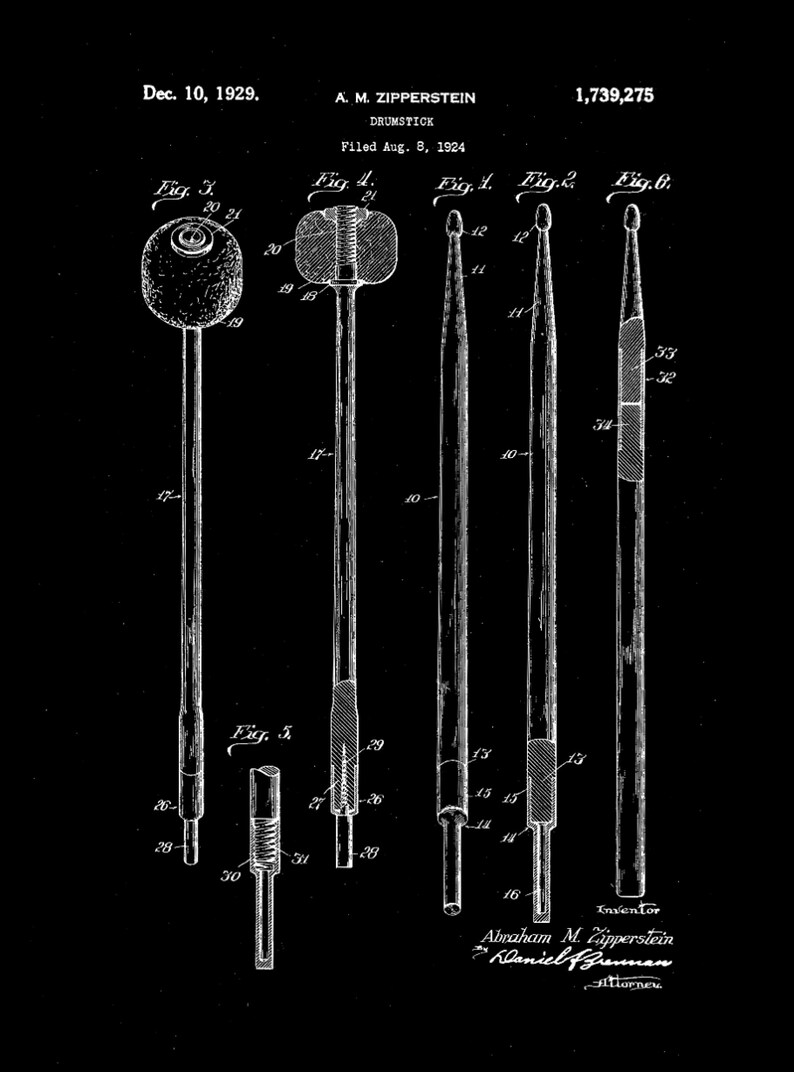 May include: A black and white line drawing of a patent for a drumstick. The drawing shows five different views of the drumstick, including the tip, the shaft, and the handle. The patent number is 1,739,275 and the date is December 10, 1929.
