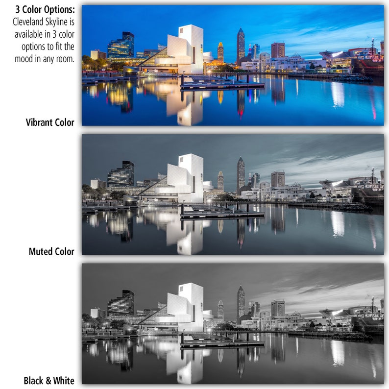 Puede incluir: Tres opciones de color diferentes para una fotograf&iacute;a del horizonte de Cleveland por la noche. La primera imagen est&aacute; en color vibrante, la segunda est&aacute; en color apagado y la tercera est&aacute; en blanco y negro.